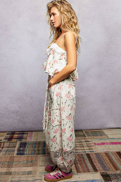 "Anna" Lace Ruffles Crop Floral Top