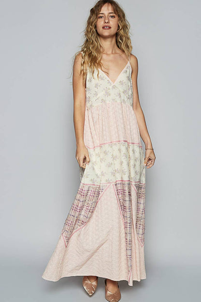 "Melissa" Plaid Embroidered Woven Maxi Dress in Lt Pink