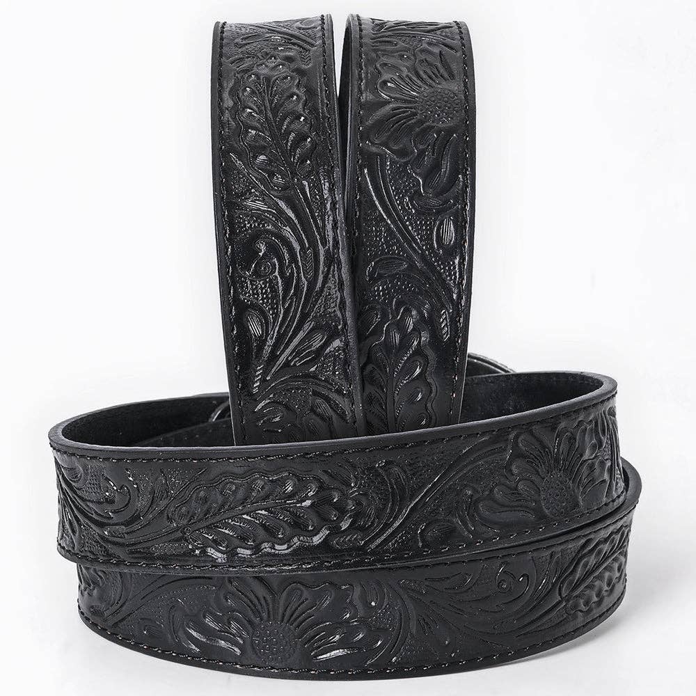 "Black Rivet" Hand-Tooled Black Floral Western Leather Belt