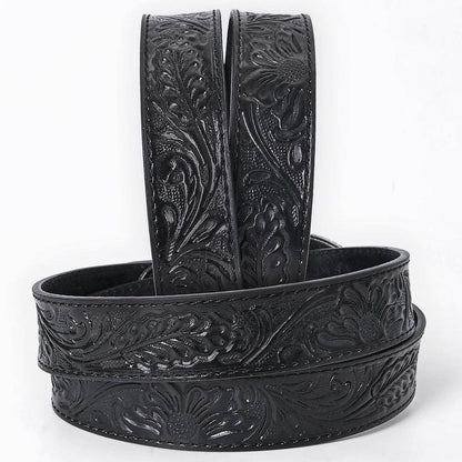 "Black Rivet" Hand-Tooled Black Floral Western Leather Belt