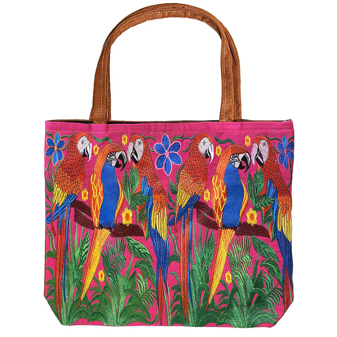 "Boho Parrot" Embroidered Floral Suede Tote Bag