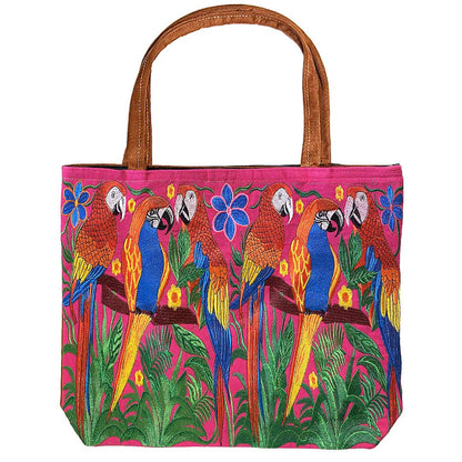 "Boho Parrot" Embroidered Floral Suede Tote Bag