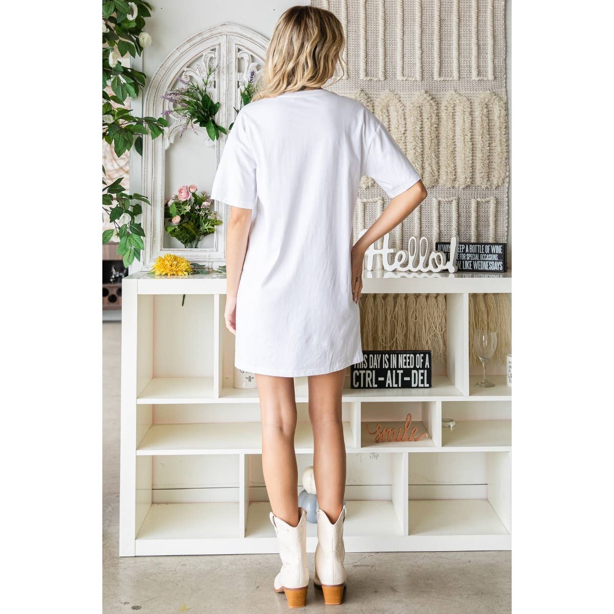 "Cowgirl Fringe" Boots Sequined Patch Tee Dress in White