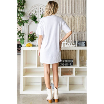 "Cowgirl Fringe" Boots Sequined Patch Tee Dress in White