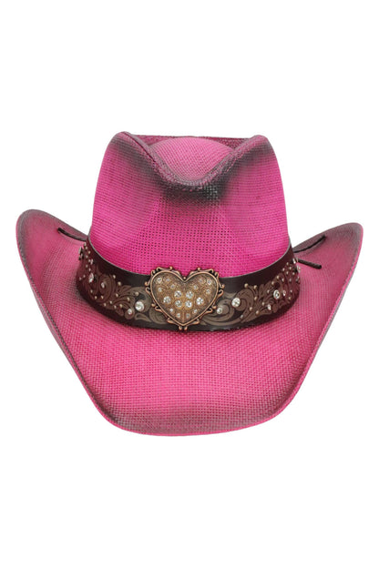 "Heart Bling" Rhinestone Belt Ombre Straw Cowboy Hat