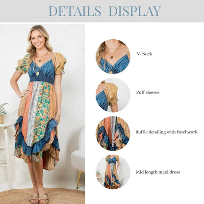"Peasant" Ruffled Hem Midi Dress Latte and Denim