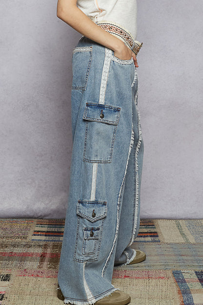 "The Station" Raw Edge Lt Wash Cargo Jeans