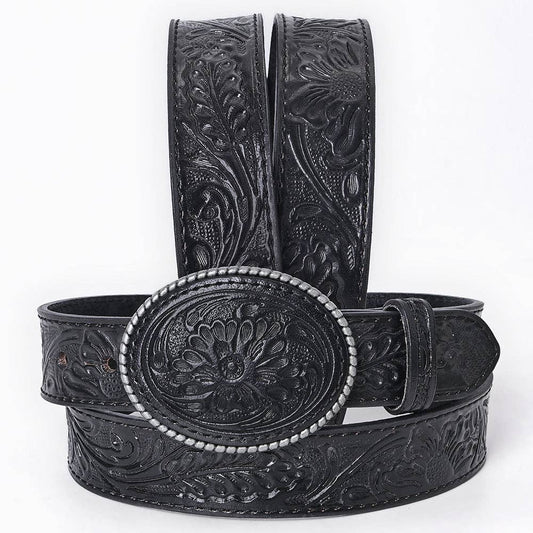 "Black Rivet" Hand-Tooled Black Floral Western Leather Belt