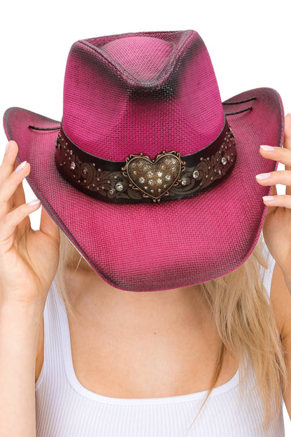 "Heart Bling" Rhinestone Belt Ombre Straw Cowboy Hat