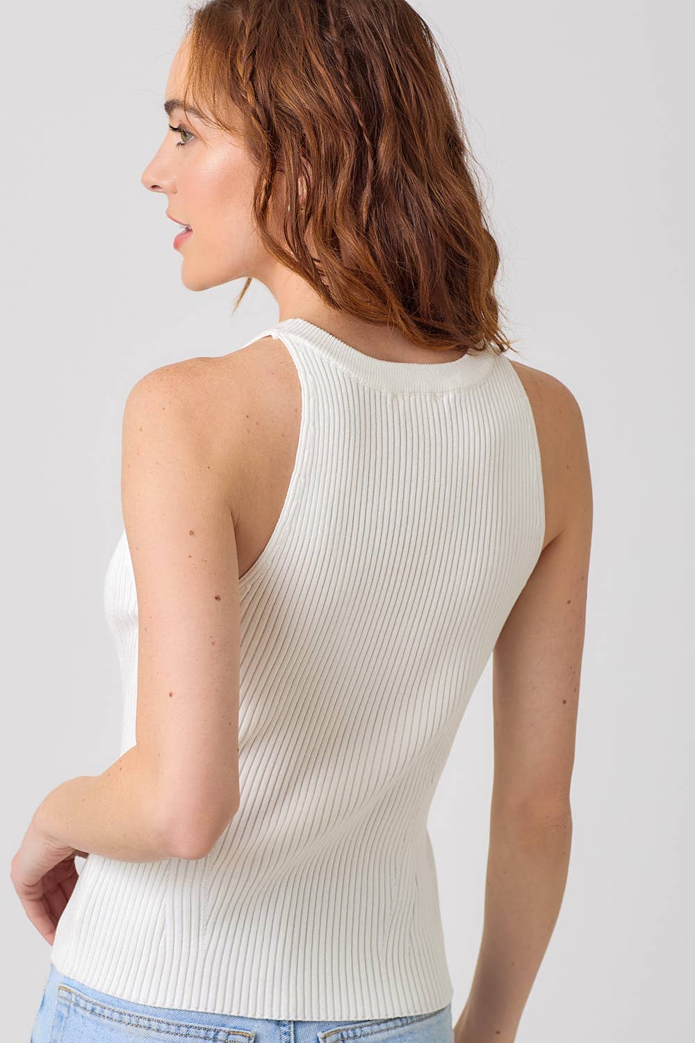 "Route 66" Halter Neck Ribbed Tank in Ivory