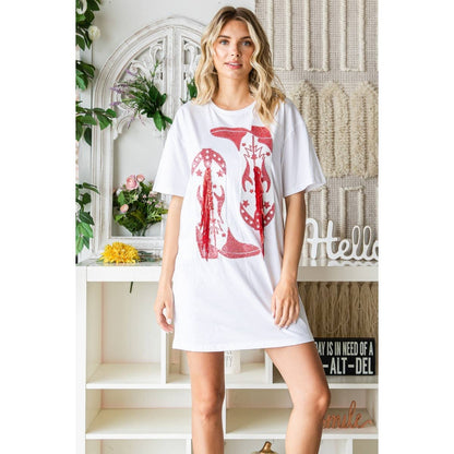 "Cowgirl Fringe" Boots Sequined Patch Tee Dress in White