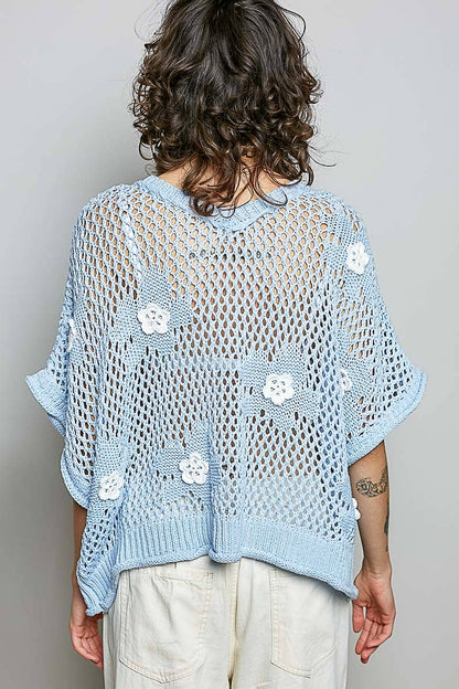 "Bloomin' Filly" Floral Patch Open Sweater Top Sky Blue