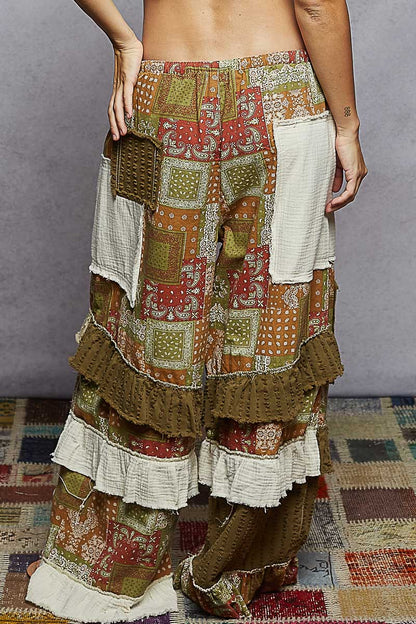 "Mo Patchwork" Layered Ruffled Pants in Olive