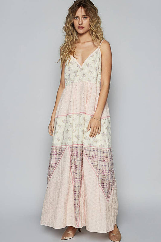 "Melissa" Plaid Embroidered Woven Maxi Dress in Lt Pink