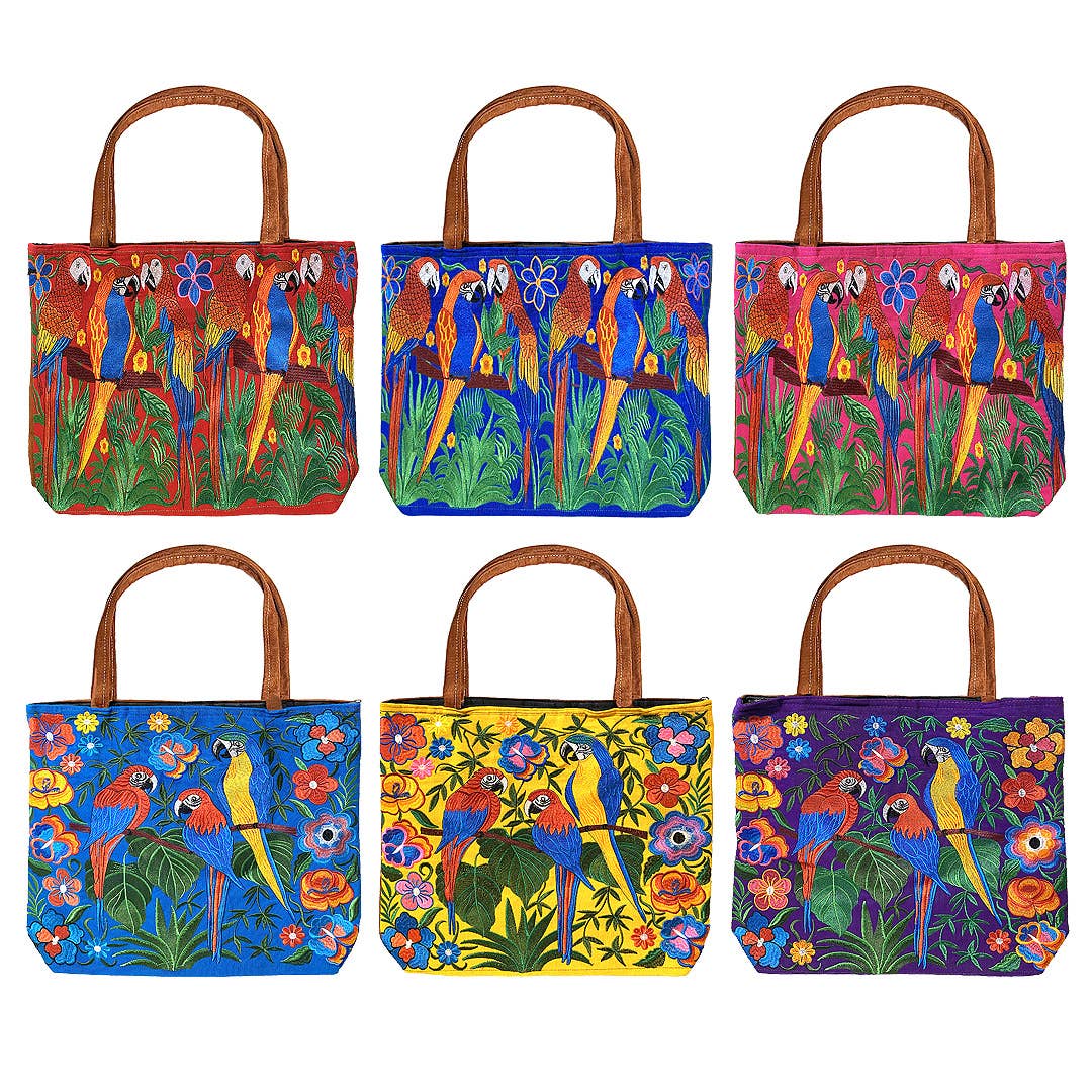 "Boho Parrot" Embroidered Floral Suede Tote Bag