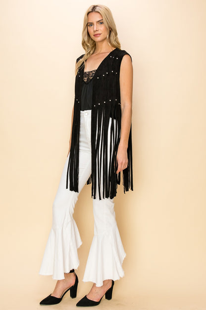 "Dolly" Laser Cut Long Fringe Suede Vest in Black