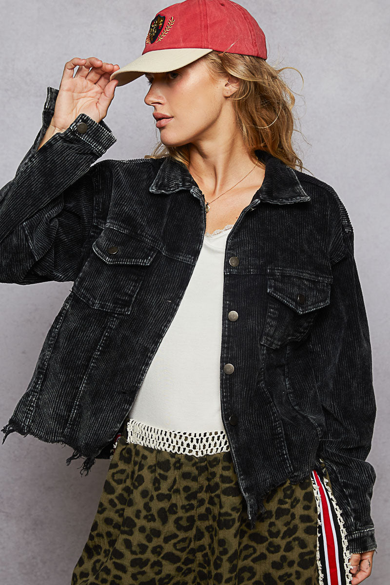 "Bobbie" Destroyed Hem Corduroy Jacket in Washed Black