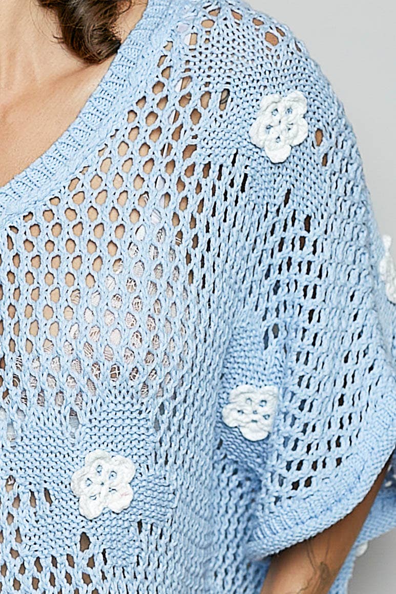 "Bloomin' Filly" Floral Patch Open Sweater Top Sky Blue