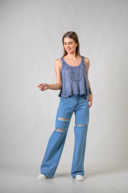 "Petticoat" Sleeveless Viscose Tank Top in Grey/Blue