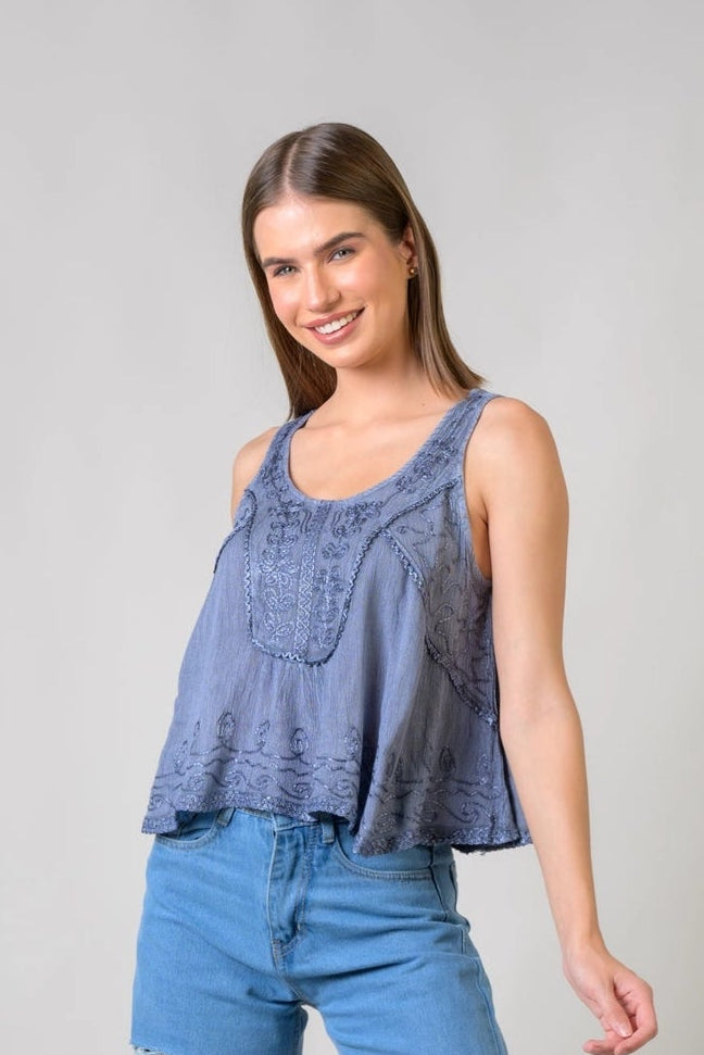 "Petticoat" Sleeveless Viscose Tank Top in Grey/Blue