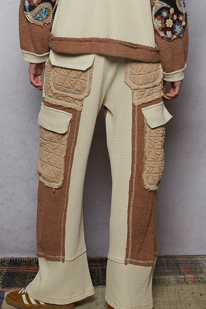 "Wanderlust" Oat Chocolate Floral Knit Thermal Quilted Pants