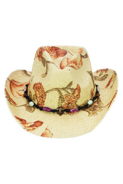 "Poppy" Floral Print Raffia Straw Cowboy Hat