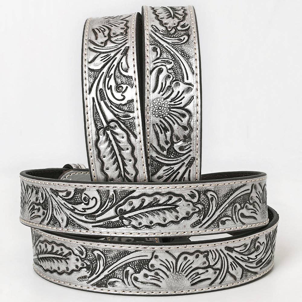 "Silver Sun" Hand-Tooled Silver Floral Western Leather Belt