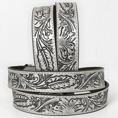 "Silver Sun" Hand-Tooled Silver Floral Western Leather Belt