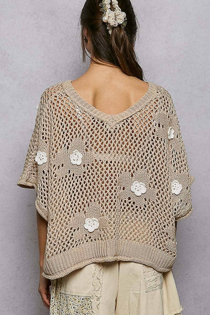 "Bloomin' Filly" Floral Patch Open Sweater Top Sand