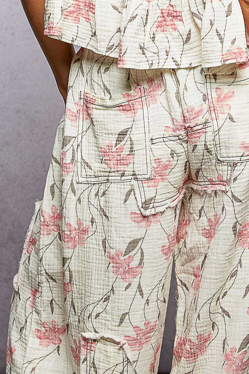"Belle" Double Gauze Joggers in Ivory Pink Floral