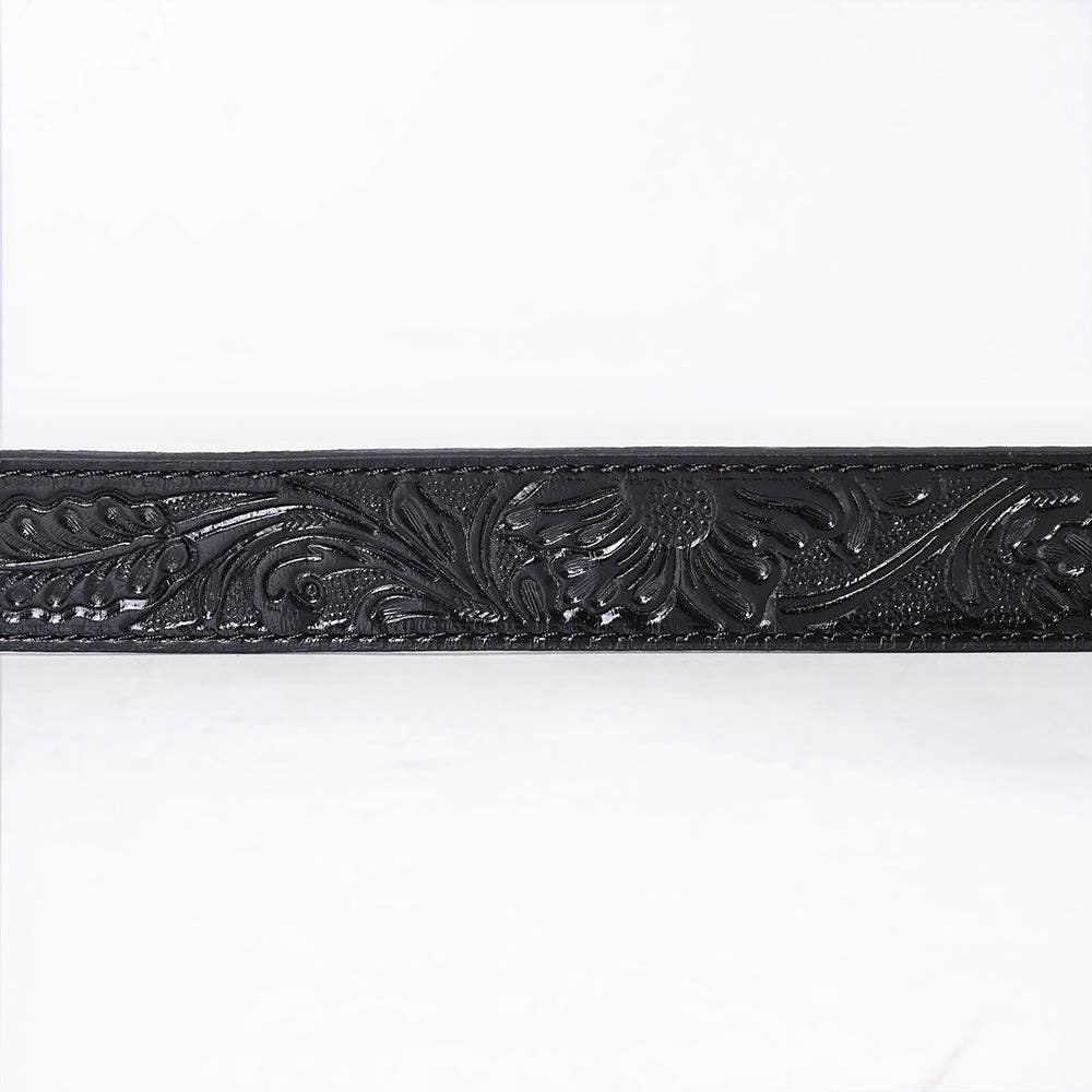 "Black Rivet" Hand-Tooled Black Floral Western Leather Belt