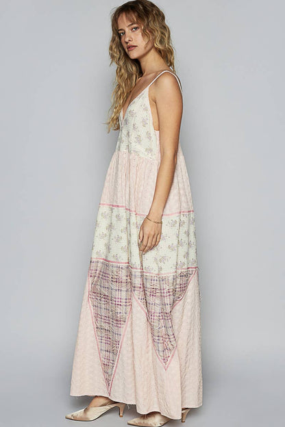"Melissa" Plaid Embroidered Woven Maxi Dress in Lt Pink