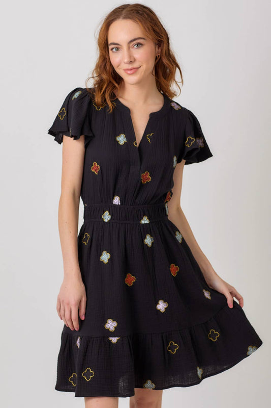 "Dayna" Embroidered Double Gauze Dress in Black