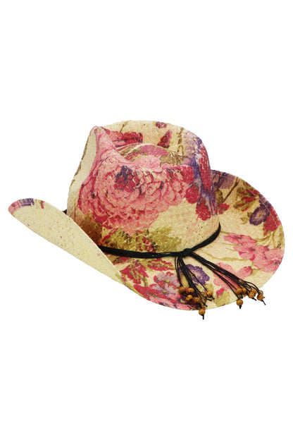 "Poppy" Floral Print Raffia Straw Cowboy Hat