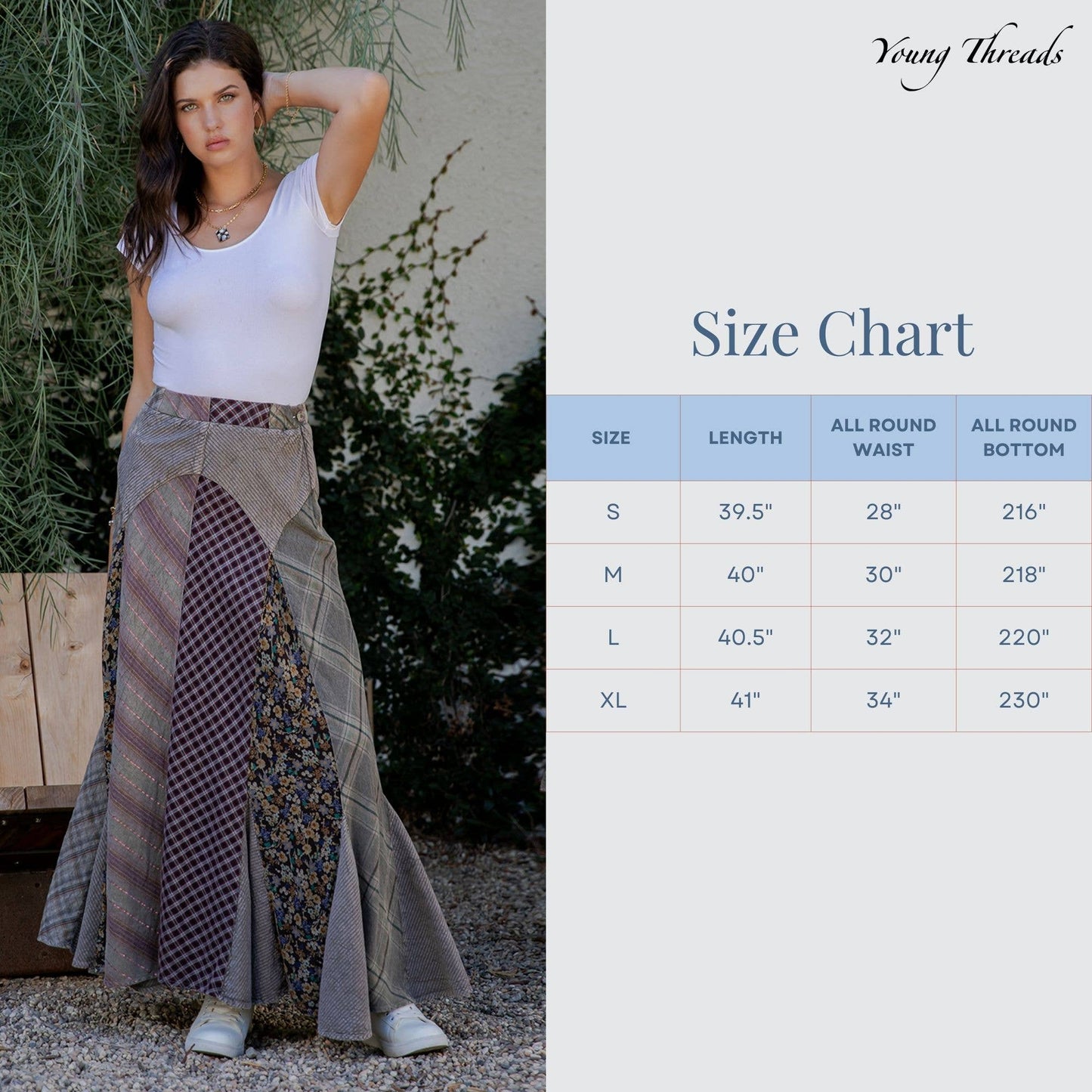 "Sarah" Prairie Maxi Skirt Denim & Lace in Latte
