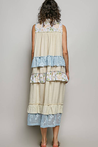 "Danielle" Floral Lace Ruffle Maxi Dress Cream Blue