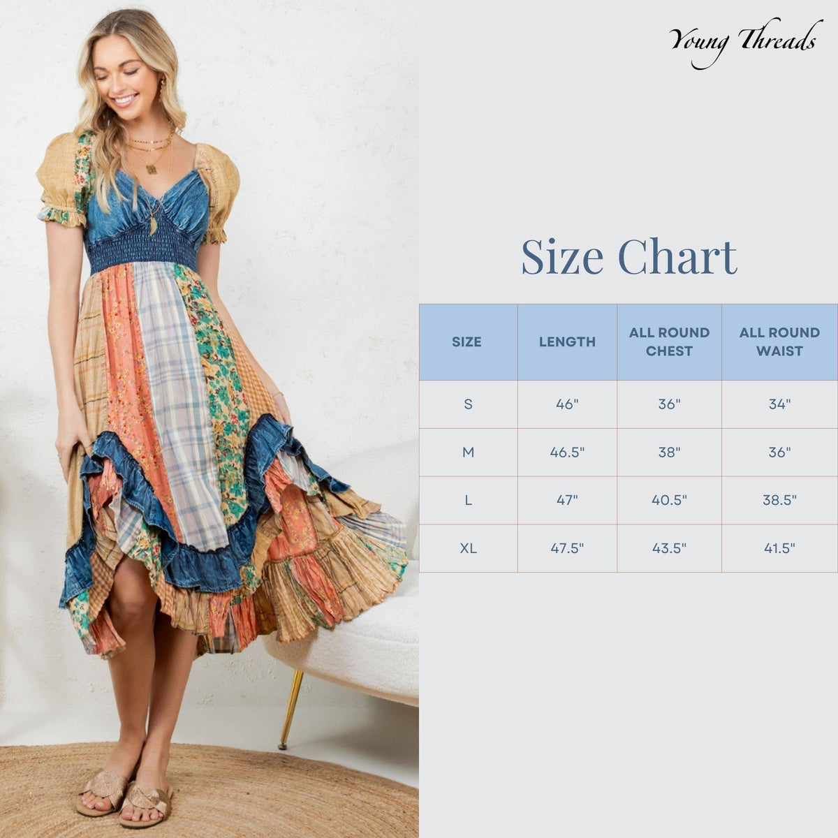 "Peasant" Ruffled Hem Midi Dress Latte and Denim