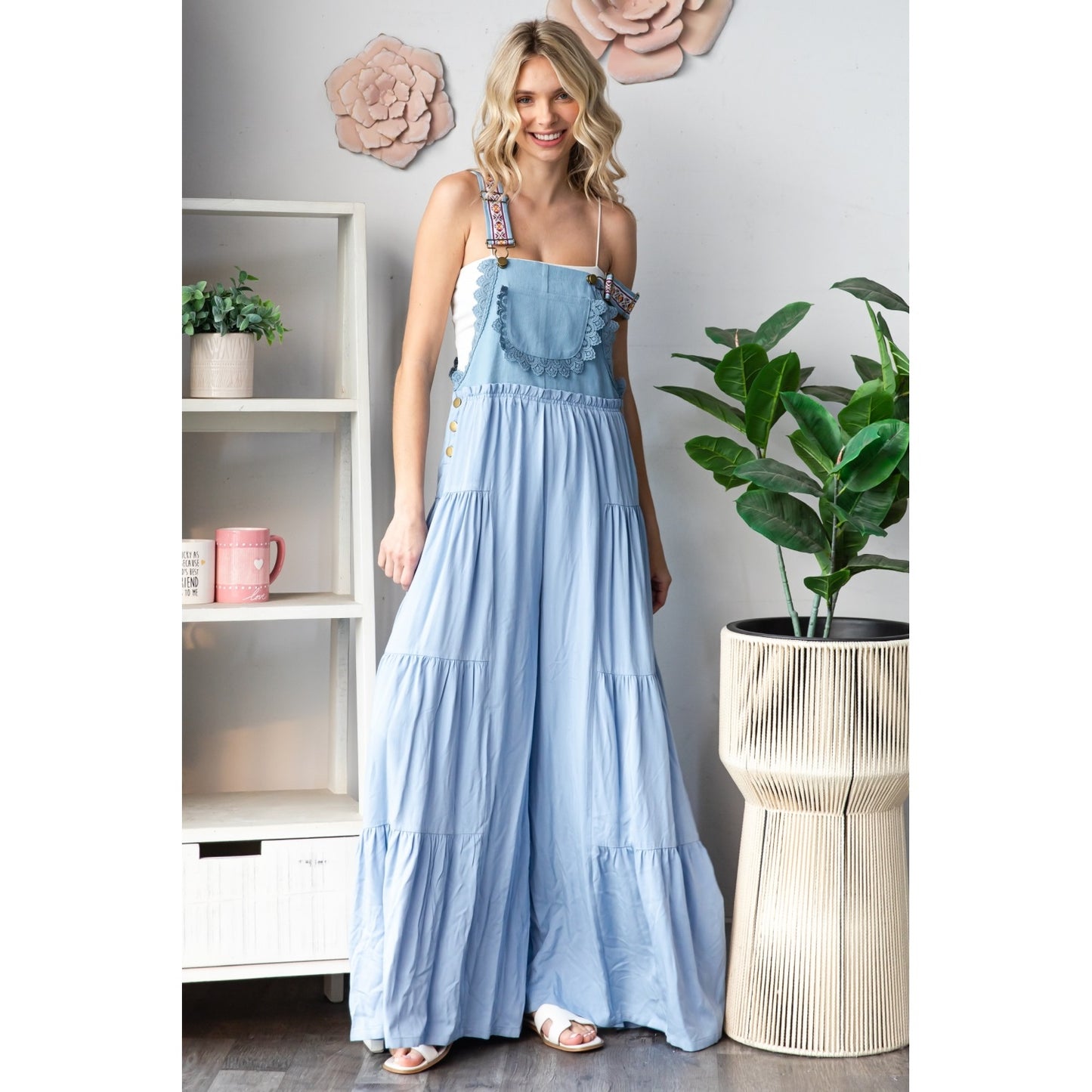 "Freedom" Embroidered Overall Wide Leg Romper in Blue