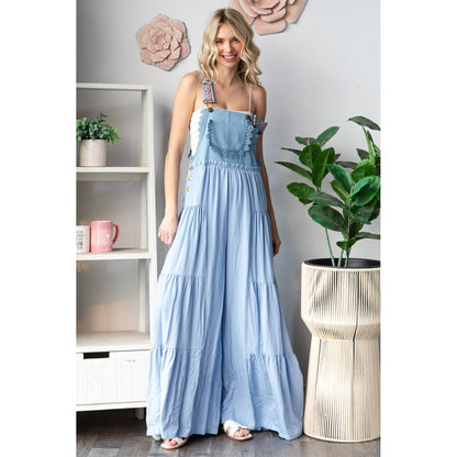 "Freedom" Embroidered Overall Wide Leg Romper in Blue