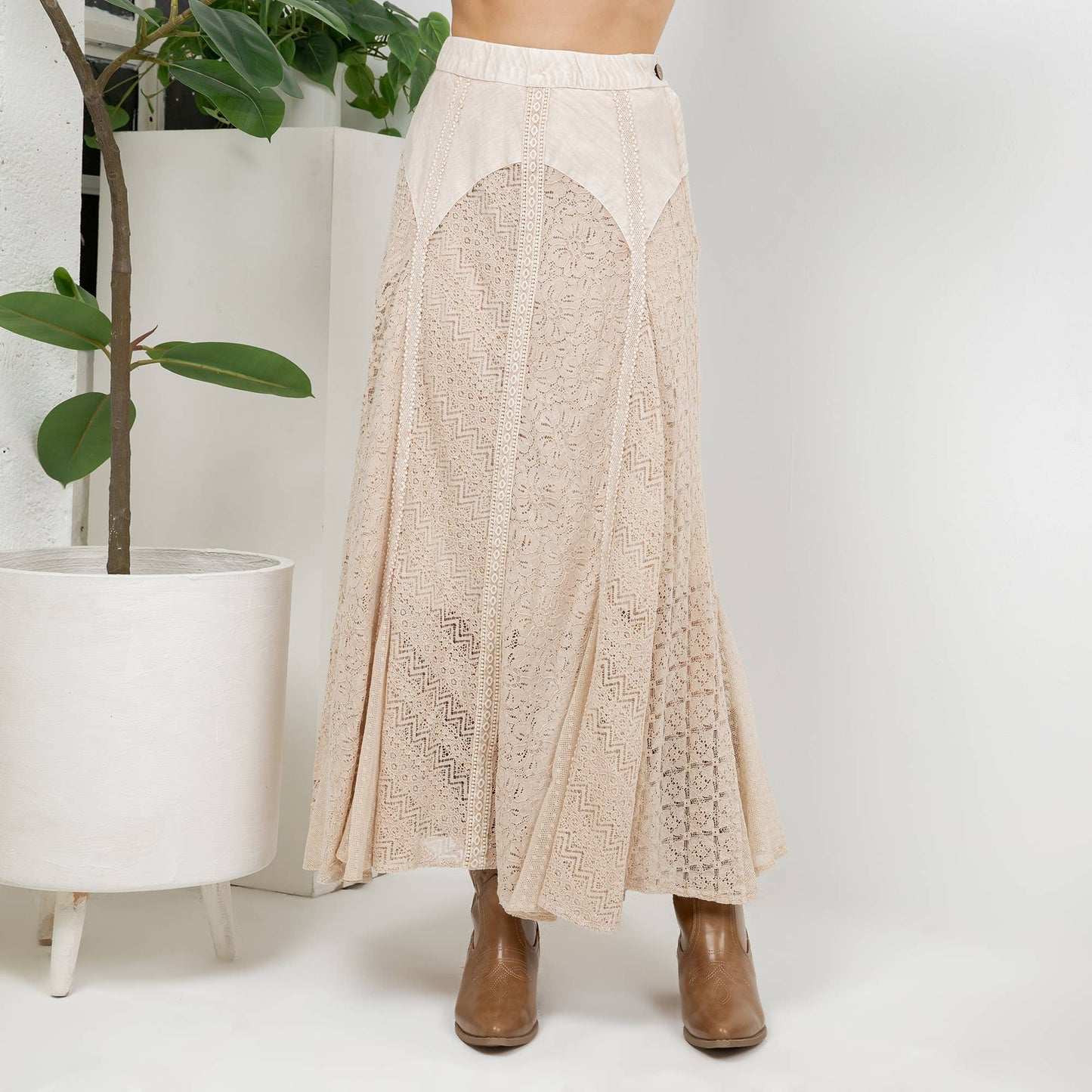 "Sarah" Prairie Maxi Skirt Denim & Lace in Latte