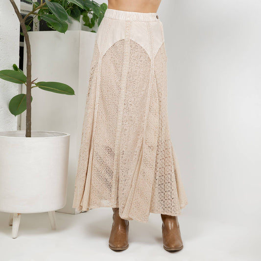 "Sarah" Prairie Maxi Skirt Denim & Lace in Latte
