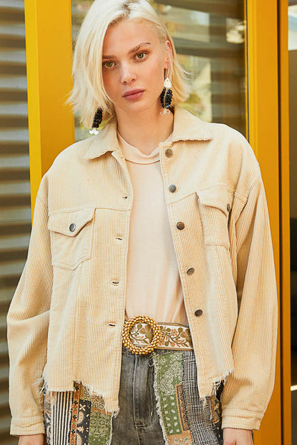 "Bobbie" Destroyed Hem Corduroy Jacket in Cream