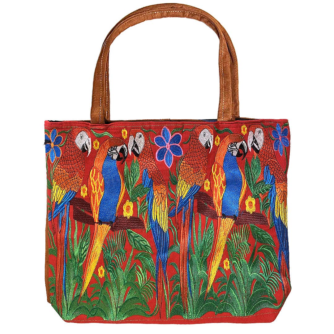 "Boho Parrot" Embroidered Floral Suede Tote Bag