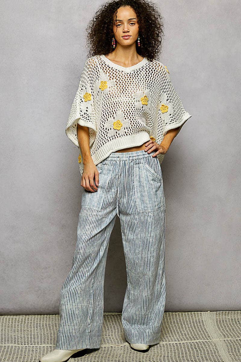 "Bloomin' Filly" Floral Patch Open Sweater Top Ivory Yellow