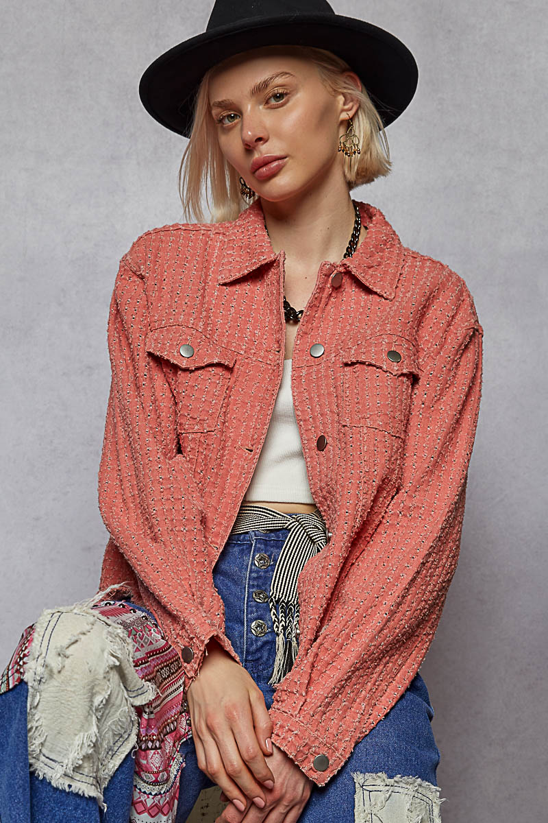 "Lennon" Laser Textured Distressed Twill Jacket in Dusty Pink