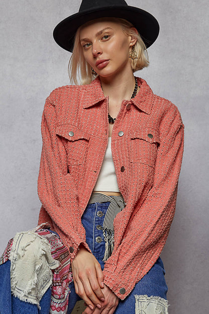 "Lennon" Laser Textured Distressed Twill Jacket in Dusty Pink