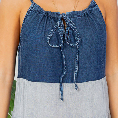 "Prairie" Denim Halter Neck Summer Dress in Grey