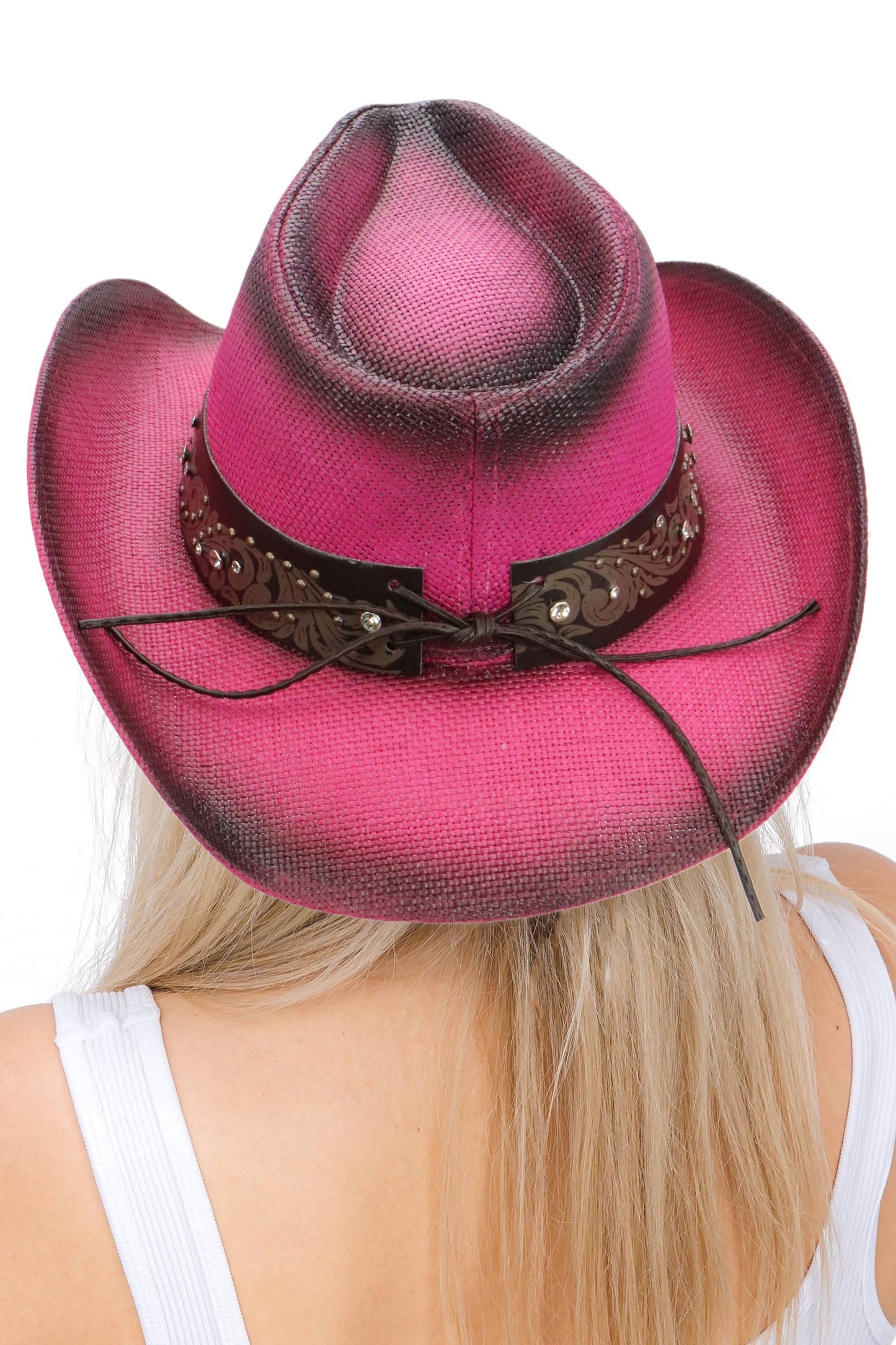 "Heart Bling" Rhinestone Belt Ombre Straw Cowboy Hat