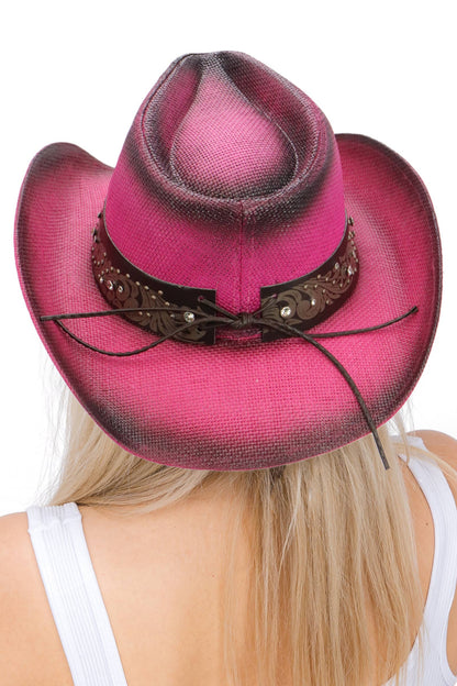 "Heart Bling" Rhinestone Belt Ombre Straw Cowboy Hat