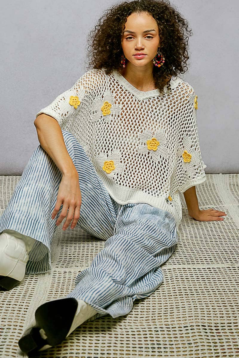 "Bloomin' Filly" Floral Patch Open Sweater Top Ivory Yellow